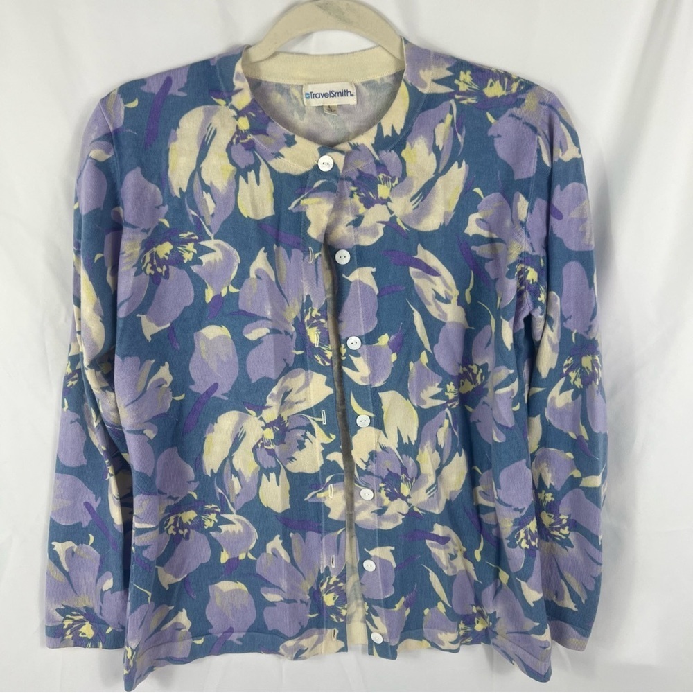 TravelSmith Women's Floral Merino Wool Blend Cardigan - Purple and Cream